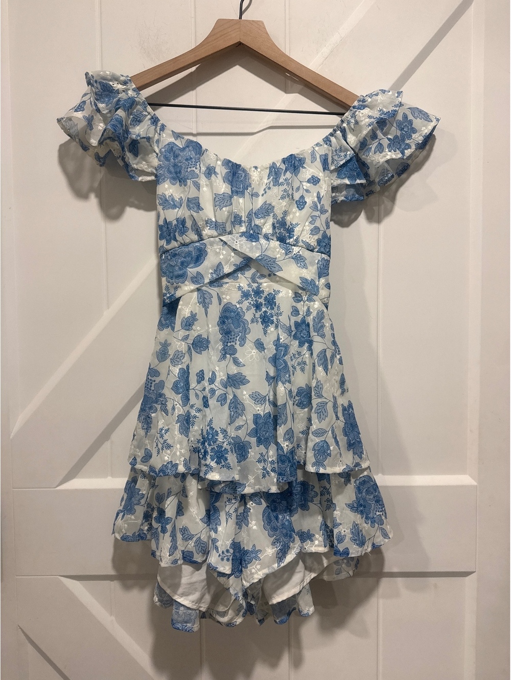 Altar'd State Blue Floral Off-Shoulder Shorts Romper, Size XS